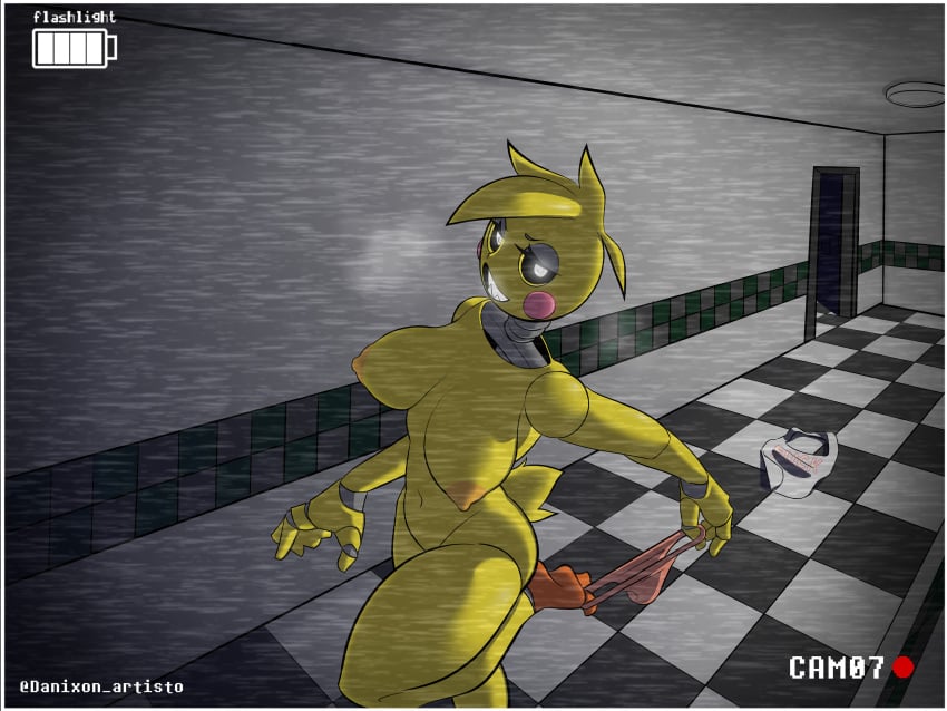 1girl 1girls 5_fingers animatronic animatronic_female anthro anthro_only artist_name battery battery_indicator beakless belly_button bib big_breasts black_eyes breasts camera camera_overlay camera_pov camera_view chicken clothing_on_floor color colored completely_naked completely_naked_female completely_nude completely_nude_female danixon detailed detailed_background digital_drawing_(artwork) english english_text eyelashes feet feet_up female female_focus female_only five_nights_at_freddy's five_nights_at_freddy's_2 furry furry_only galliform gallus_(genus) holding_panties horny horny_female in_heat large_breasts looking_at_viewer naked naked_female nude nude_female panties panties_around_leg panties_around_one_leg panties_down pink_cheeks pink_panties recording robot robot_girl rosy_cheeks scottgames short_tail smile smiling smiling_at_viewer solo solo_female solo_focus static stripping suggestive taking_clothes_off taking_off_panties toy_chica_(fnaf) toy_chica_(love_taste) video_game video_game_character video_game_franchise video_games yellow_body