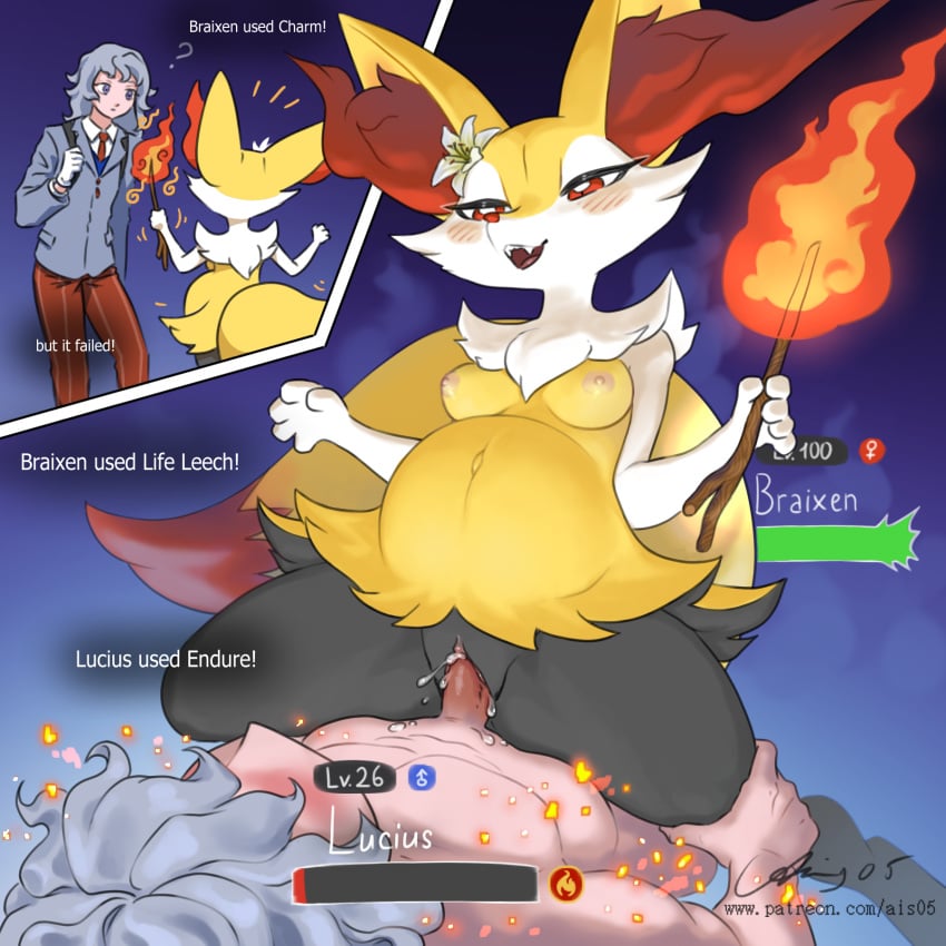 2023 ais05 anthro areola blush bodily_fluids braixen breasts canid canine clothed clothing cum cum_inside dialogue digital_media_(artwork) dominant_female duo english_text female female_on_top female_penetrated femdom fire fox fur generation_6_pokemon genital_fluids genitals hair hi_res human human_on_anthro inner_ear_fluff interspecies male male/female male_penetrating male_penetrating_female malesub mammal nintendo nipples nude open_mouth penetration penis pokemon pokemon_(species) pokephilia pregnant pregnant_female pregnant_sex pussy sex simple_background smile submissive_male tail text tuft vaginal_penetration white_body white_fur yellow_body yellow_fur