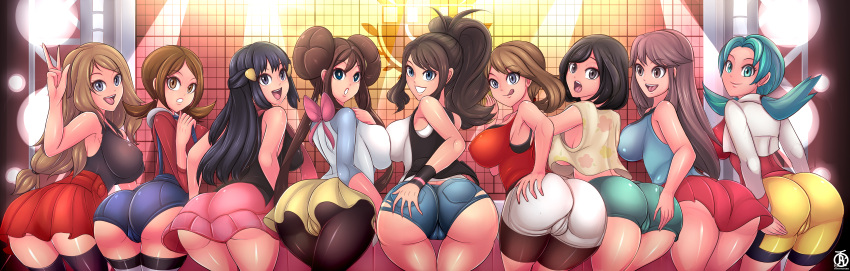 6+girls 9girls absurd_res alternate_breast_size aqua_eyes ass asses_row back big_breasts bikini black_hair blue_eyes blue_hair blush breasts brown_eyes brown_hair butt_crack cameltoe cleavage color cutout dat_ass dawn_(pokemon) eyelashes female female_only glasses grey_eyes hand_on_ass hat hi_res hilda_(pokemon) huge_ass human human_only kris_(pokemon) large_breasts leaf_(pokemon) lineup long_hair looking_at_viewer looking_back lyra_(pokemon) may_(pokemon) may_(pokemon_oras) multiple_girls naughty_face nintendo open_mouth pokemon pokemon_bw pokemon_bw2 pokemon_dppt pokemon_frlg pokemon_gsc pokemon_hgss pokemon_oras pokemon_sm pokemon_xy ponytail revolverwingstudios ribbon rosa_(pokemon) seductive seductive_smile selene_(pokemon) serena_(pokemon) serena_(pokemon_games) shiny_skin short_hair sideboob smile string_bikini sunglasses sunglasses_on_head swimsuit text thick_thighs thigh_gap thighs tied_hair tongue tongue_out twintails v wide_hips