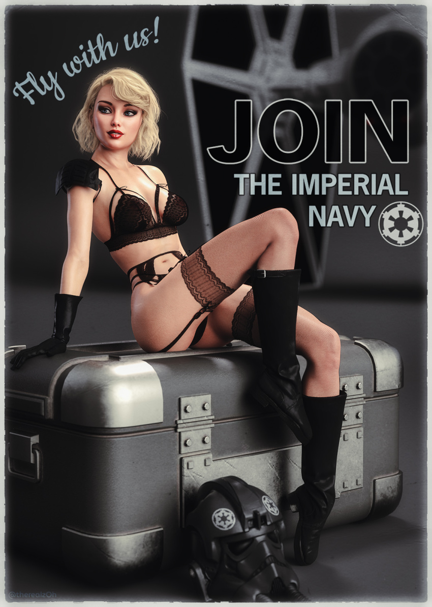 1girls 3d alternate_version_available artist_name black_boots black_clothes black_footwear black_gloves black_shoes blonde_hair blue_eyes boots bra crate daz_studio english_text female female_only footwear garter_belt gloves helmet_removed lingerie military_uniform panties parted_lips pilot pin_up pinup pose posing poster red_lipstick science_fiction shoes sitting soldier solo spaceship star_wars stormtrooper teeth text therealzoh tie_fighter tie_fighter_pilot tie_pilot underwear uniform zoh