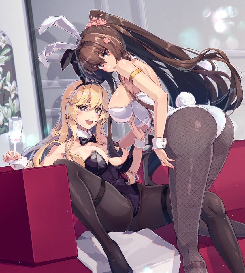 2girls absurdres alternate_costume animal_ears arm_garter ass black_bow black_bowtie black_hairband black_leotard black_pantyhose blonde_hair blue_eyes bow bowtie breast_grab breasts brown_hair bunny_ears bunny_tail bunnysuit cherry_blossoms cocktail_glass covered_navel cup detached_collar drinking_glass fake_animal_ears feet_out_of_frame female female_only fishnet_pantyhose fishnets flower foot_out_of_frame grabbing grabbing_another's_breast hair_flower hair_intakes hair_ornament hairband highleg highleg_leotard highres himeyamato holding holding_cup iowa_(kantai_collection) kantai_collection large_breasts legs leotard long_hair multiple_girls open_mouth pantyhose playboy_bunny ponytail rabbit_ears rabbit_tail red_eyes sidelocks sitting spread_legs standing star-shaped_pupils star_(symbol) strapless strapless_leotard symbol-shaped_pupils tail teeth thigh_strap traditional_bowtie upper_teeth_only very_long_hair white_hairband white_leotard wrist_cuffs yamato_(kantai_collection) yamato_kai_ni_(kantai_collection) yuri