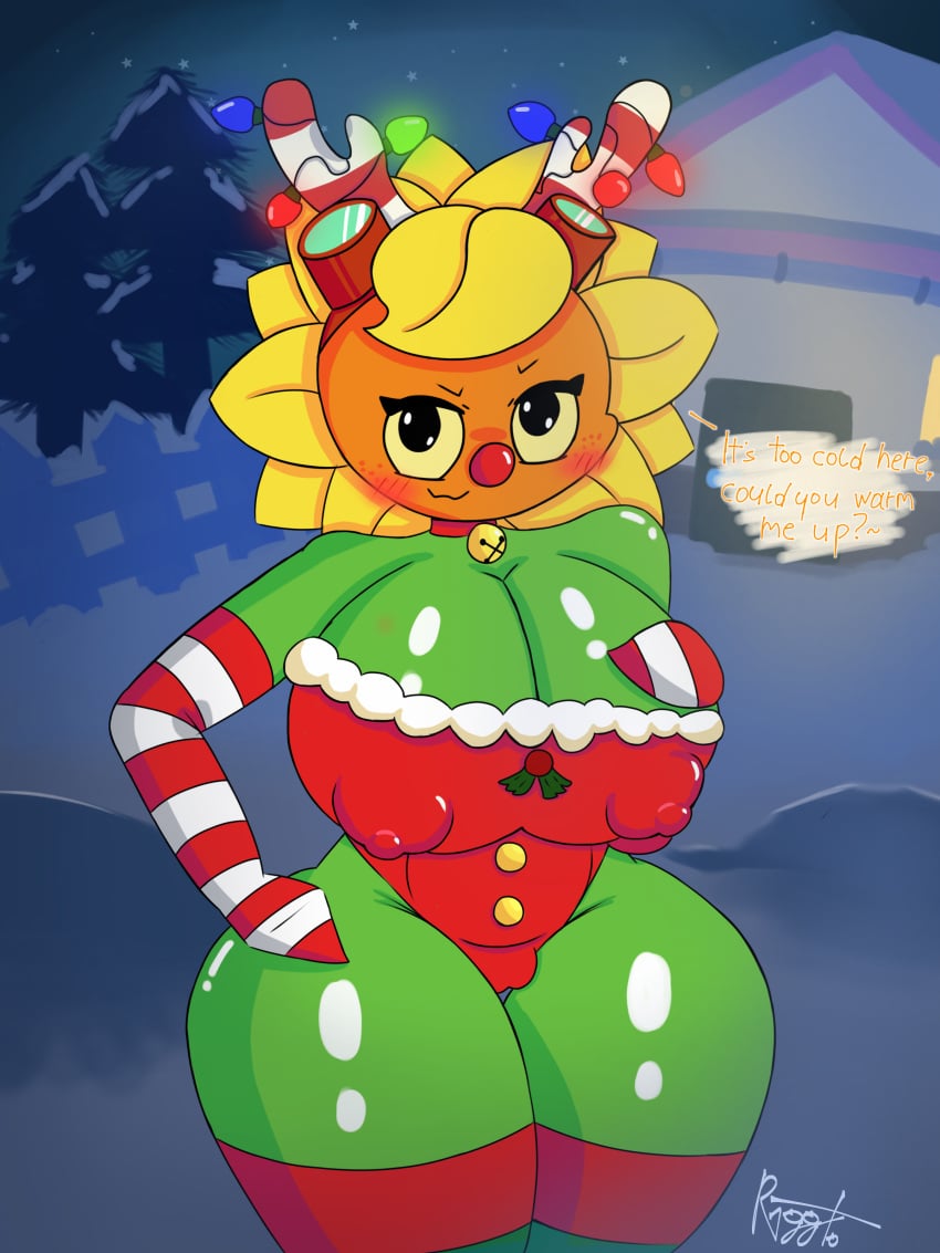 background big_breasts christmas christmas_outfit fence glasses_on_head horn horns house mistletoe plant plant_girl plants_vs_zombies plants_vs_zombies:_heroes r1ggto red_nose sky snow socks solar_flare_(pvz) stockings sunflower tagme thick_thighs trees winter