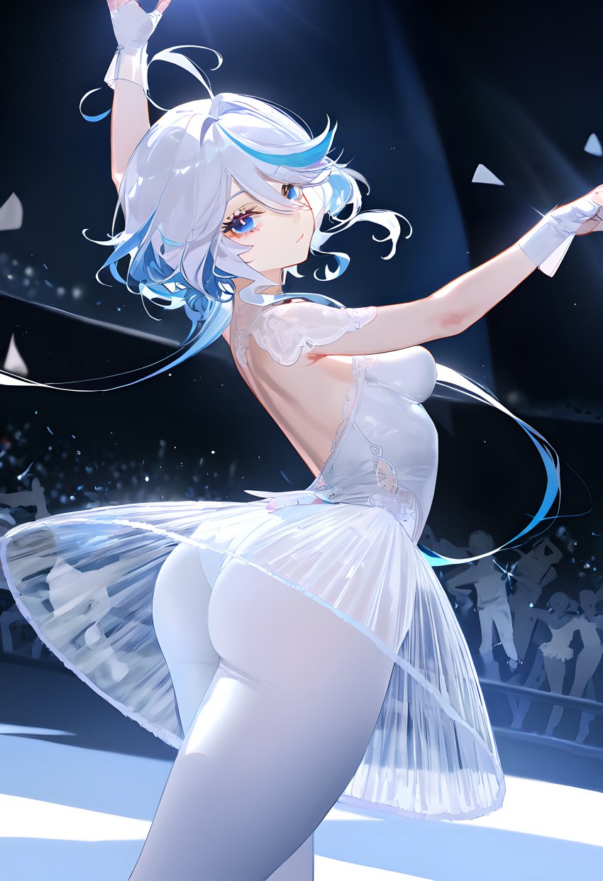 ai_generated alternate_costume artist_request ass bare_shoulders blue_eyes blue_hair breasts dat_ass dress female from_behind furina_(genshin_impact) genshin_impact gloves ice_skating long_hair looking_at_viewer medium_breasts multicolored_hair pantyhose see-through see-through_clothing see-through_skirt sideboob skirt smile solo streaked_hair two-tone_hair very_long_hair white_hair