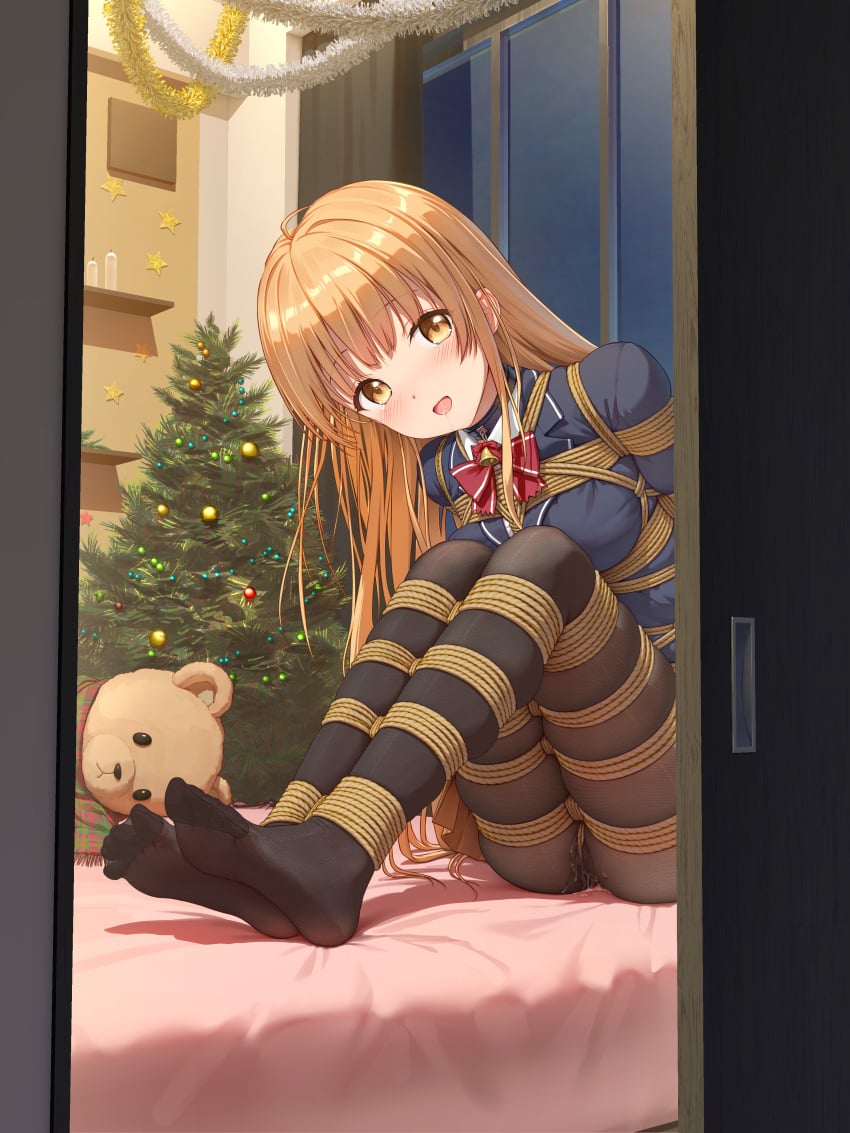 absurdres arms_behind_back bell black_collar black_pantyhose blazer blue_jacket blush bondage bound bow bowtie breasts brown_eyes christmas_tree collar commentary_request crotch_rope female full_body highres himitsu_(hi_mi_tsu_2) indoors jacket light_brown_hair long_hair looking_at_viewer medium_breasts neck_bell no_shoes open_mouth otonari_no_tenshi-sama_ni_itsu_no_mani_ka_dame_ningen_ni_sarete_ita_ken pantyhose pussy_juice red_bow red_bowtie rope saliva school_uniform shibari_over_clothes shiina_mahiru shiina_mahiru_(otonari_no_tenshi-sama) sidelocks sitting solo stuffed_animal stuffed_toy tearing_up teddy_bear variant_set window