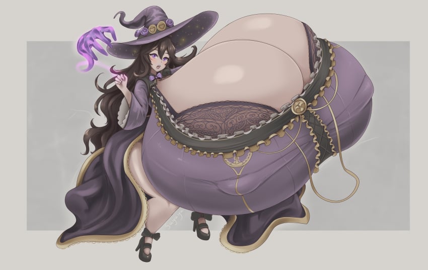 1girls breasts_bigger_than_head breasts_bigger_than_torso brown_hair cleavage female female_only gigantic_breasts hyper_breasts long_hair nipple_bulge overflowing_breasts purple_eyes shinarusayuno tagme very_long_hair wide_hips witch witch_hat