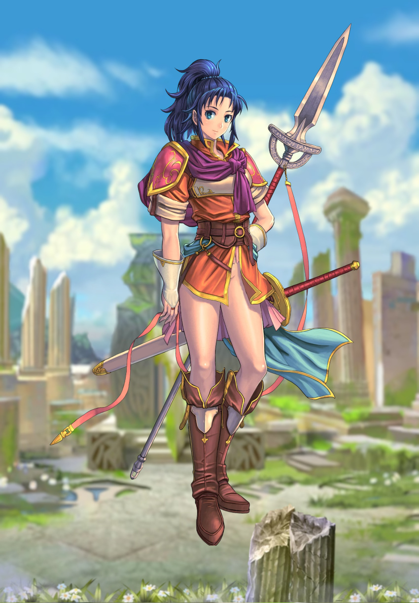 1girls bare_legs blue_eyes blue_hair edit fire_emblem fire_emblem:_new_mystery_of_the_emblem fire_emblem_heroes guava128 kris_(female)_(fire_emblem) kris_(fire_emblem) medium_hair nintendo no_panties nude_edit nude_filter ponytail smile solo solo_female spear sword weapon