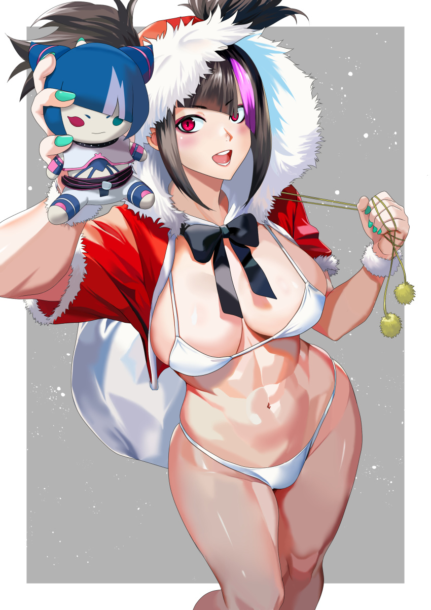 abs absurdres aqua_nails asymmetrical_bangs bikini breasts capcom capelet christmas female fur-trimmed_capelet fur_trim highres holding holding_sack holding_stuffed_toy juri_han multicolored_hair muscular muscular_female open_mouth red_eyes sack smile solo street_fighter street_fighter_6 street_fighter_iv street_fighter_iv_(series) striped stuffed_toy swimsuit two-tone_hair white_bikini yagi_(joe731842)