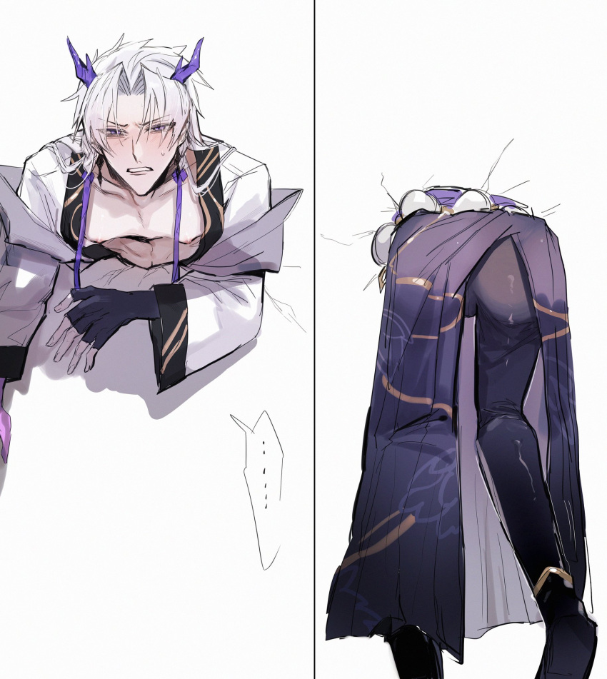 abs ass back_view chest horns japanese_clothes league_of_legends long_hair male male_focus male_only nipples open_clothes pecs pectorals solo solo_focus solo_male spirit_blossom_series spirit_blossom_yone stuck stuck_in_wall through_wall white_hair yone