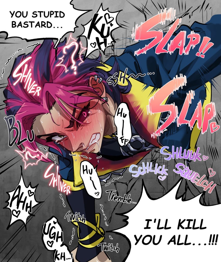 angry_face blush dialogue gay heartsteel_kayn heartsteel_series implied_penetration implied_rape kayn league_of_legends licking male male_focus male_only multicolored_hair pink_hair purple_hair saliva_trail slap solo solo_focus solo_male sound_effect squelching stuck stuck_in_wall through_wall two_tone_hair yaoi