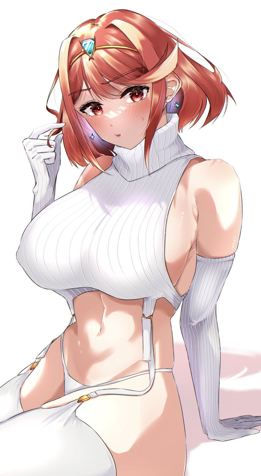 alternate_costume breasts female female_only looking_at_viewer nintendo pyra shikohatsu short_hair solo virgin_destroyer_sweater xenoblade_(series) xenoblade_chronicles_2