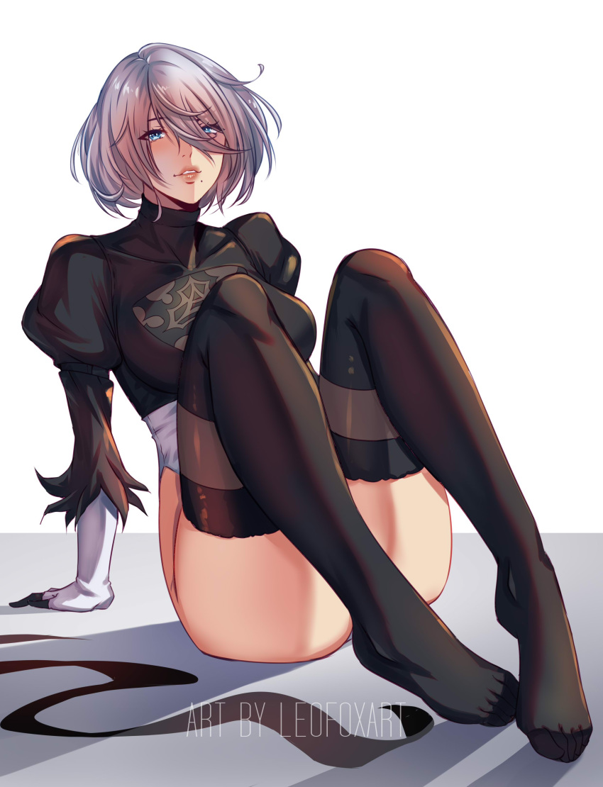 blue_eyes bob_cut feet gloves leofoxart long_legs long_sleeves nier nier:_automata nier_(series) skirt stockings thick_thighs thighs underass white_hair yorha_2b