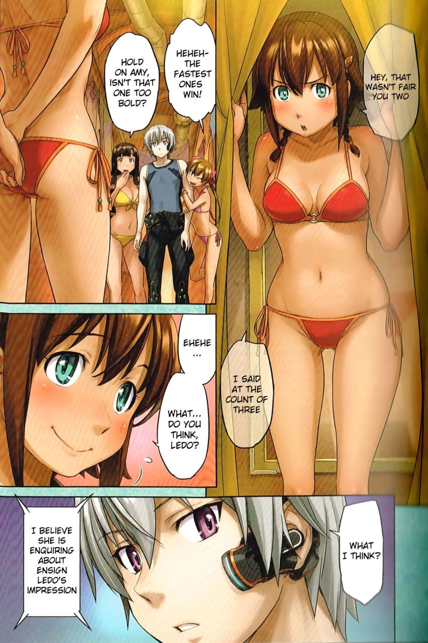 1boy 2girls amber_eyes amy_(suisei_no_gargantia) aqua_eyes ass_focus bare_arms bare_back bare_legs bare_midriff bare_shoulders bare_thighs belly_button big_breasts bikini bikini_bottom bikini_top blonde_hair brown_hair cleavage comic english_text female green_eyes hairclip human ledo_(suisei_no_gargantia) long_hair male manga melty_(suisei_no_gargantia) midriff multiple_girls navel necklace open_mouth pink_bikini pink_bikini_bottom pink_bikini_top pink_ribbon purple_eyes red_bikini red_bikini_bottom red_bikini_top red_hairclip ribbon ribbon_in_hair saaya_(suisei_no_gargantia) short_hair small_boobs small_breasts suisei_no_gargantia tank_top text text_bubble thick_thighs tied_hair twintails white_hair yellow_bikini yellow_bikini_bottom yellow_bikini_top