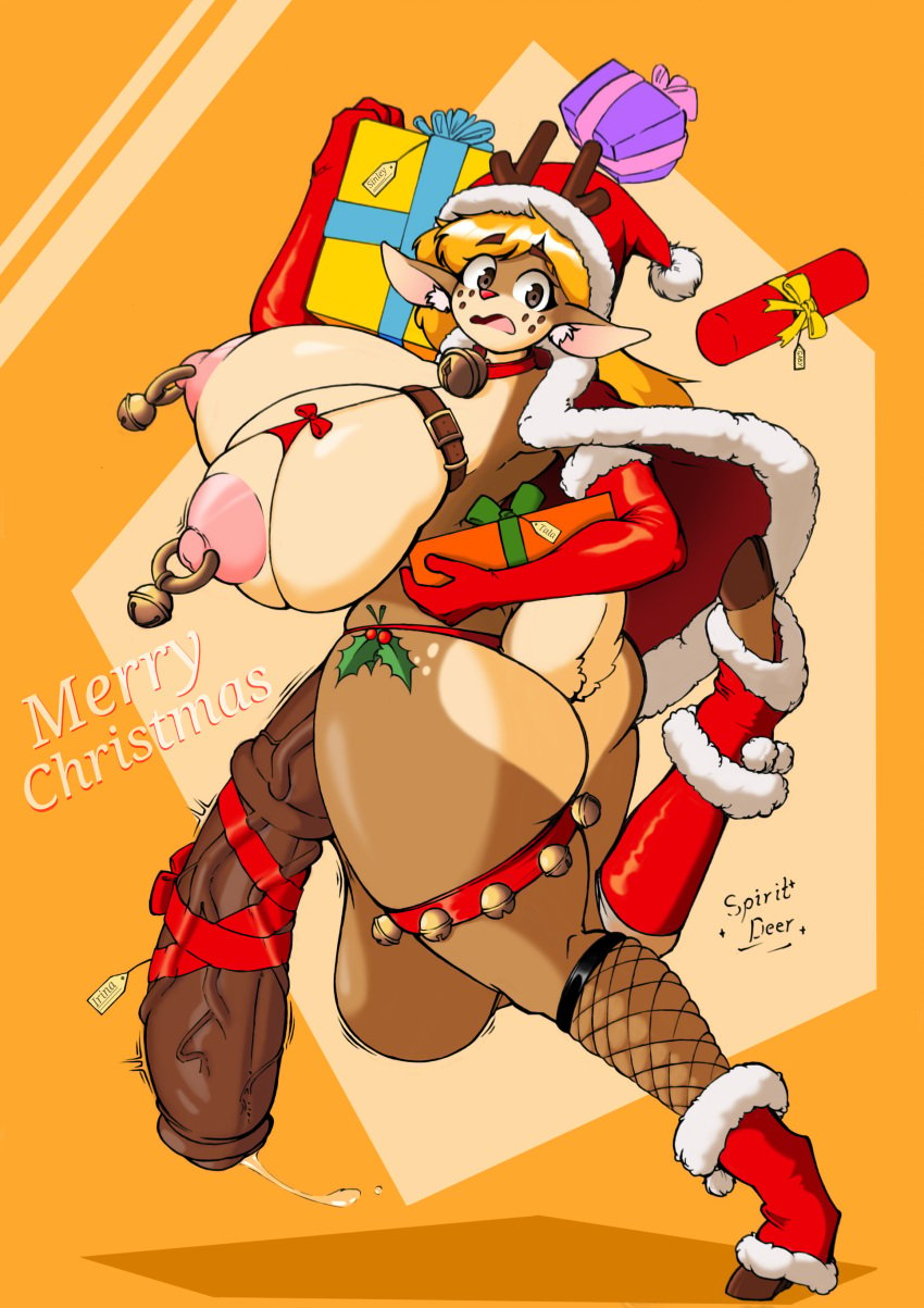 absurd_res anthro ass bell big_breasts big_penis breast_ring breasts christmas clothed clothing deer futanari genitals gynomorph hi_res intersex mammal penis solo spiritdeer susan_(spiritdeer) tail thick_thighs