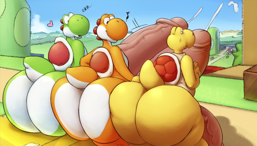 3boys croconut cum cumming ejaculating ejaculation gay gigantic_ass gigantic_butt huge_ass huge_butt hyper koopa kosmonius looking_at_another looking_at_ass male male/male/male male_only mario_(series) nintendo orange_yoshi outdoors shocked shocked_expression shooting_cum super_mario_bros. veiny_penis yoshi