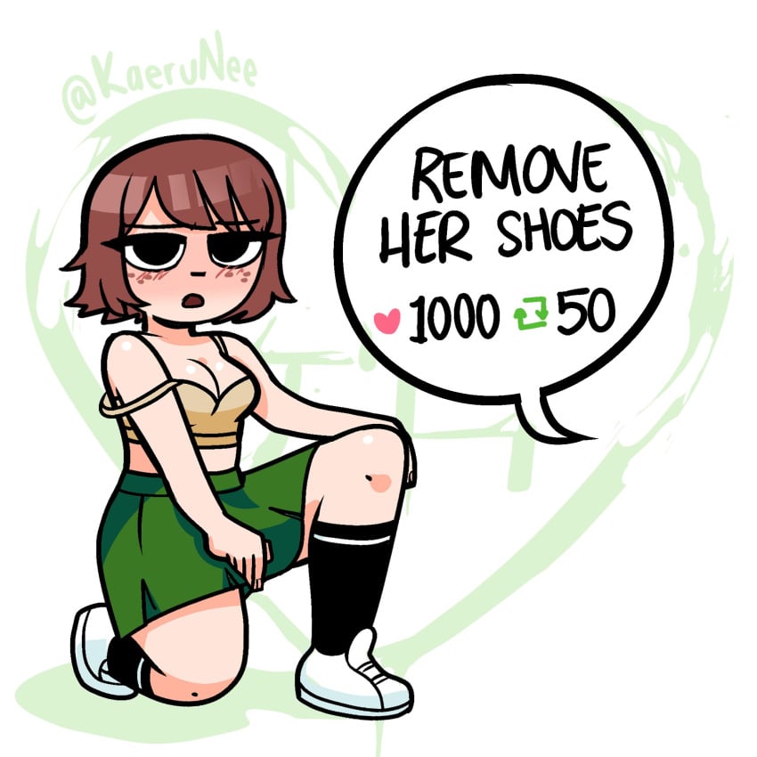 1girls black_eyes brown_hair clothed female freckles kaerunee kim_pine kneeling_on_one_leg scott_pilgrim short_hair solo solo_female strap_slip twitter_strip_game_(meme)