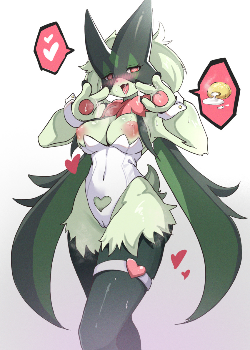 :d @_@ anthro body_fur breasts commentary_request covered_navel female furry furry_female garter_straps gradient_background green_fur green_hair grey_background heart highres leotard looking_at_viewer medium_breasts meowscarada naughty_face nipples open_mouth playboy_bunny pokémon_(species) pokemon pokemon_sv red_eyes saliva short_hair smile solo spoken_heart standing white_background white_leotard xor