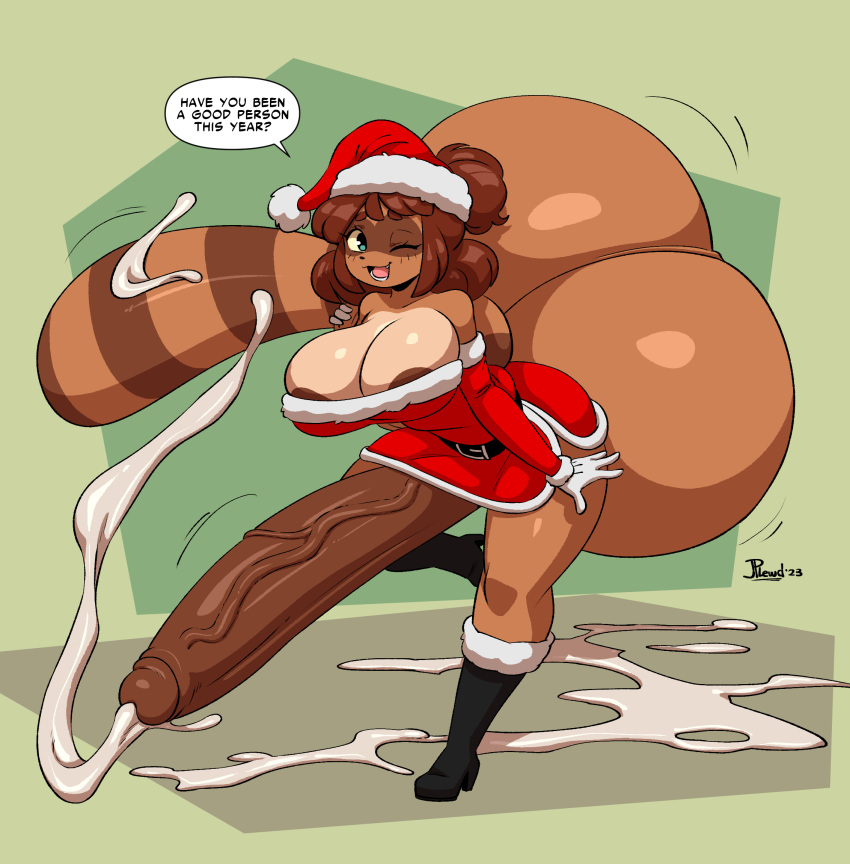 2023 4_fingers anthro areola areola_slip balls big_balls big_breasts big_penis black_boots black_clothing black_footwear bodily_fluids boots breasts brown_hair canid canine christmas christmas_clothing christmas_headwear clothed clothing creamy_cum cum cum_everywhere cum_on_floor dialogue english_text eyelashes facial_markings fingers footwear futanari genital_fluids genitals gloves gynomorph hair handwear hat head_markings headgear headwear hi_res holidays huge_balls huge_cock humanoid_genitalia humanoid_penis hyper hyper_balls hyper_genitalia hyper_penis intersex joaoppereiraus looking_at_viewer mammal markings mask_(marking) on_one_leg one_eye_closed open_mouth open_smile penis raccoon_dog red_clothing santa_hat signature simple_background smile solo solo_futa speech_bubble standing tail talking_to_viewer tanuki tanuki_testicles tasha_(joaoppereiraus) teal_eyes text tongue vein veiny_penis white_clothing white_gloves white_handwear wink winking_at_viewer yellow_sclera