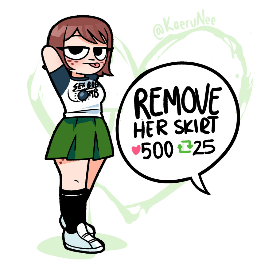 1girls arms_behind_head arms_up black_eyes brown_hair female freckles freckles_on_face freckles_on_thighs kaerunee kim_pine scott_pilgrim short_hair solo solo_female tongue_out twitter_strip_game_(meme)