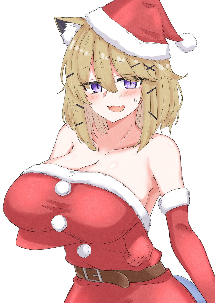 absurdres animal_ear_fluff arknights bare_shoulders belt blush breasts brown_belt brown_hair christmas cleavage collarbone dress elbow_gloves female fur-trimmed_dress fur-trimmed_gloves fur_trim gloves hair_ornament hat highres holidays large_breasts looking_at_viewer maiq06 open_mouth purple_eyes red_dress red_gloves red_headwear santa_costume santa_hat simple_background slit_pupils solo tail upper_body utage_(arknights) white_background