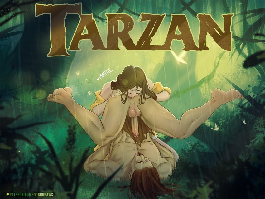 1boy 1girls 2023 analingus balls brown_hair closed_eyes detailed_background disney dorndraws female female_on_male forest forest_background hi_res jane_porter long_hair male penis rain rimjob rimming tarzan_(1999_film) tarzan_(character) text upside-down