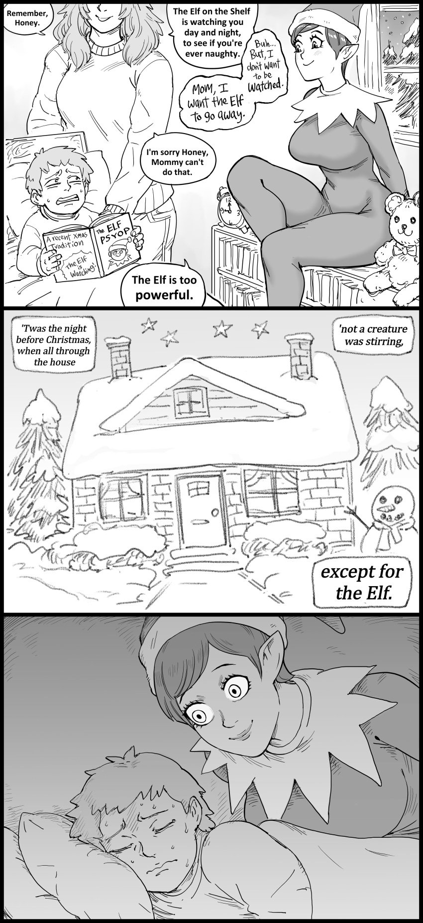 1boy 2023 2girls 3_panel_comic absurd_res bangs bb_(baalbuddy) bed bedroom being_watched big_breasts black_and_white blush bodysuit bookshelf breasts christmas christmas_elf closed_eyes closed_mouth closed_smile clothed collar comedy creepy creepy_smile curvaceous curvy curvy_hips cute dialogue elf elf_ears elf_female elf_girl elf_on_the_shelf english_text eyelashes female fully_clothed funny greyscale hat hips hourglass_figure humor indoors larger_female leaning leaning_forward lips looking_at_another makeup male monochrome multiple_girls nervous_sweat older_female parted_bangs pointy_ears sitting sleeping smile speech_bubble staring sweat tagme text thick_thighs watching wide_eyed window