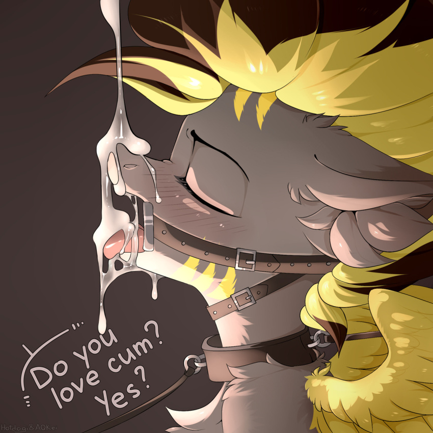 2018 2boys asking_a_question bit_gag blonde_hair collar commission cum cum_dripping_down_chin cum_in_mouth dogihotdogi english_text eyes_closed gay horse leash leash_and_collar male male_only my_little_pony original_character pegasus talking tongue_out wings yaoi ych