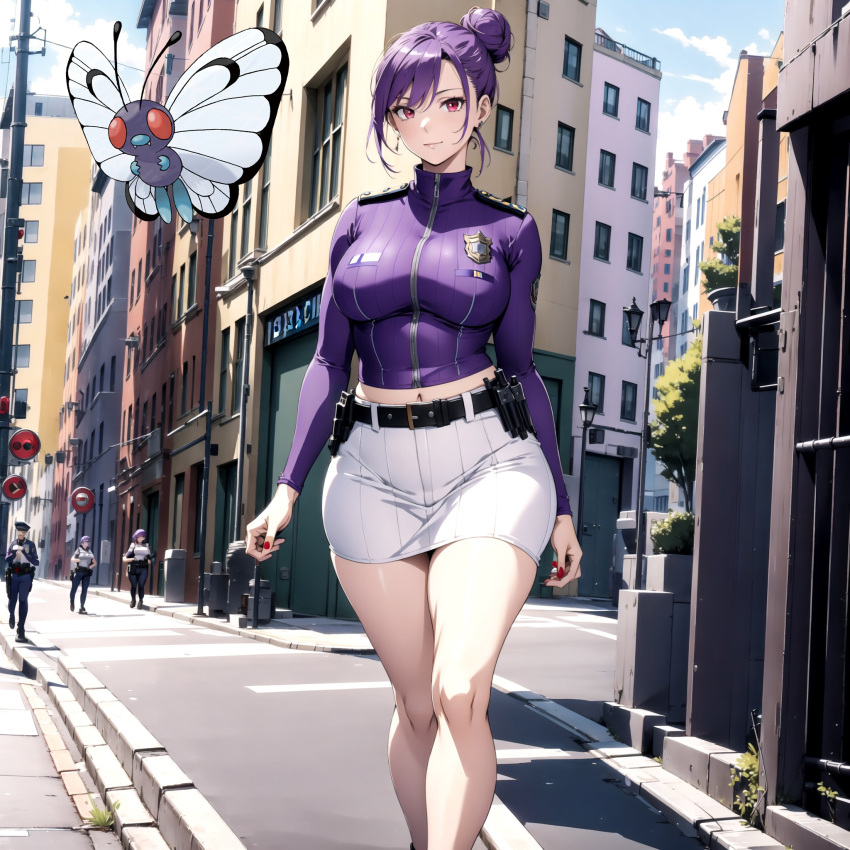 ai ai_generated b-free black_eyes butterfree curvy hair humanization nintendo pokemon pokewomen police police_officer police_uniform policewoman purple_hair short street wide_hips