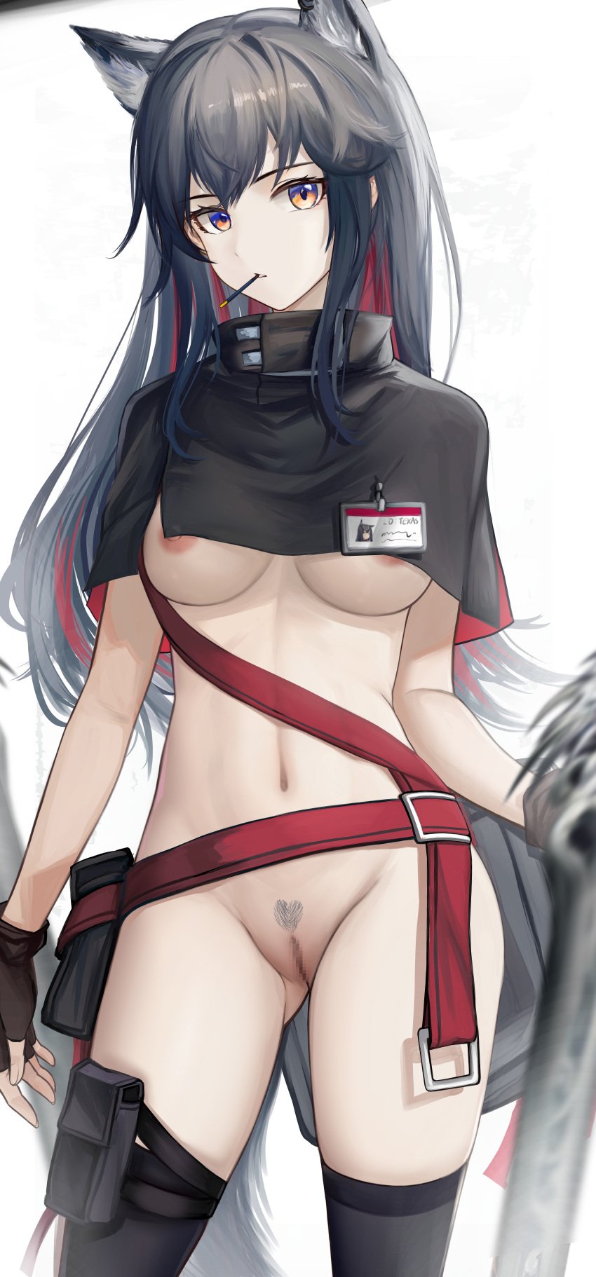 1girls 2023 animal_ears arknights black_hair breasts breasts_out censored hi_res kemonomimi light-skinned_female light_skin looking_at_viewer no_bra no_panties nopetroto simple_background solo standing texas_(arknights) underboob wolf_ears wolf_girl wolf_tail