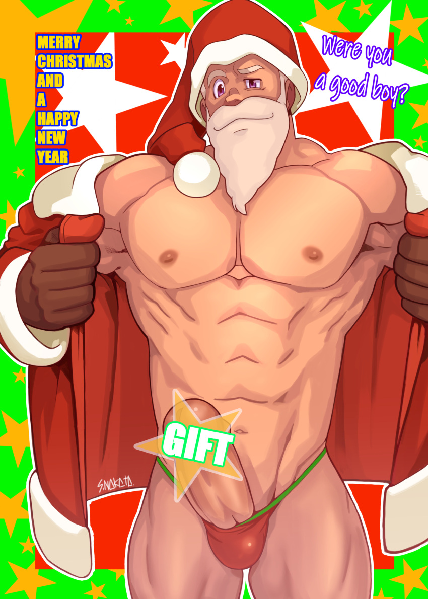 1boy abs bara bare_pectorals beard censored christmas clothing_aside covered_testicles english_text erection facial_hair feet_out_of_frame full_beard happy_new_year hat highres large_pectorals long_beard looking_at_viewer male_focus male_underwear male_underwear_aside mature_male merry_christmas muscular muscular_male nakata_shunpei navel nipples off_shoulder original pectorals presenting_penis red_headwear santa_claus santa_costume santa_hat seductive_smile short_hair smile solo stomach text_censor thick_beard thick_eyebrows thighs underwear undressing v-taper