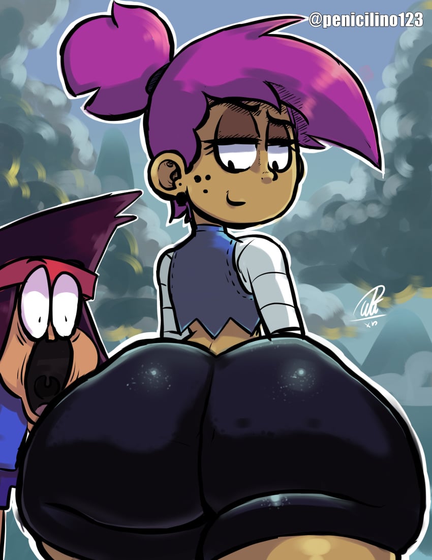 1boy 1girls artist_signature ass ass_awe ass_focus big_ass big_eyes bubble_ass bubble_butt dat_ass dumptruck_ass enid enid_(ok_k.o.!_lbh) fat_ass female female_focus huge_ass huge_butt huge_thighs human k.o._(ok_k.o.!_let's_be_heroes) large_ass light_brown_skin looking_back mole ok_k.o.!_let's_be_heroes open_mouth penicilino123 pepitocuario123 purple_hair shocked shocked_expression smile standing surprised thick_ass thick_thighs wide_hips