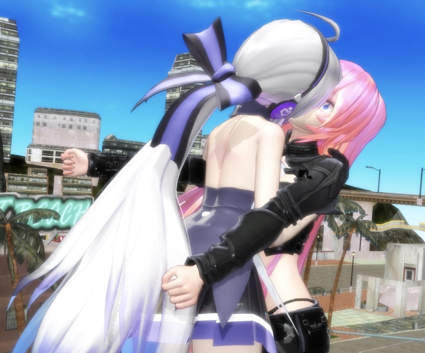 2girls back black_jacket blue_eyes dress fanloid forced_kiss forced_yuri fully_clothed grey_hair kissing megurine_luka pink_hair shocked shocked_expression surprise_kiss surprised vocaloid yowane_haku yuri