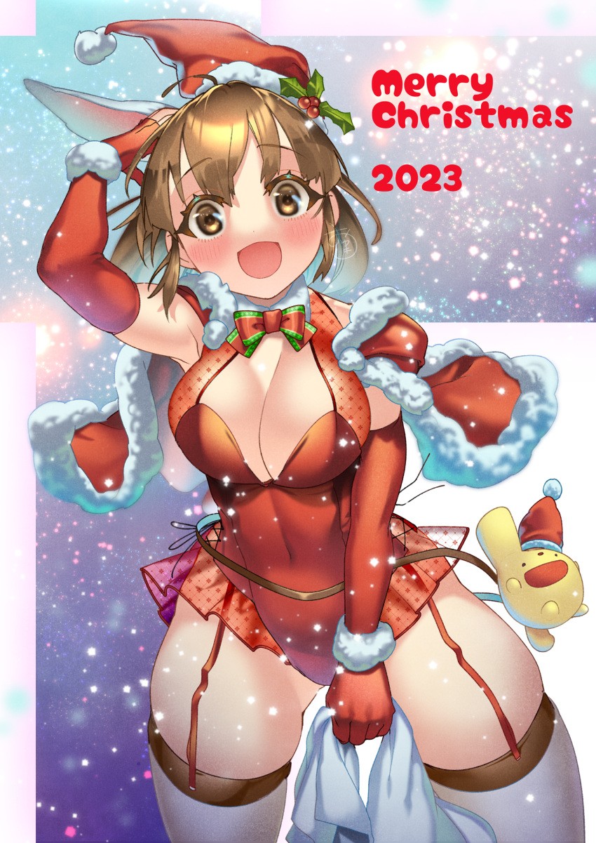 1girls arle_nadja big_breasts bow breasts brown_eyes brown_hair bunny_ears bunny_girl carbuncle_(puyo_puyo) christmas christmas_outfit gloves large_breasts puyo_puyo puyo_puyo_fever thick_thighs thigh_squish thighhighs thighs