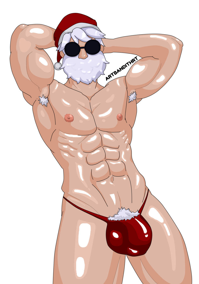 bandithrt beard big_balls big_bulge big_penis bulge free_fire gay glasses hairy_armpits hairy_balls hairy_male hairy_penis insano male male_only muscle muscles muscular muscular_male red_thong santa santa_claus santa_costume santa_hat solo solo_male thong white_hair