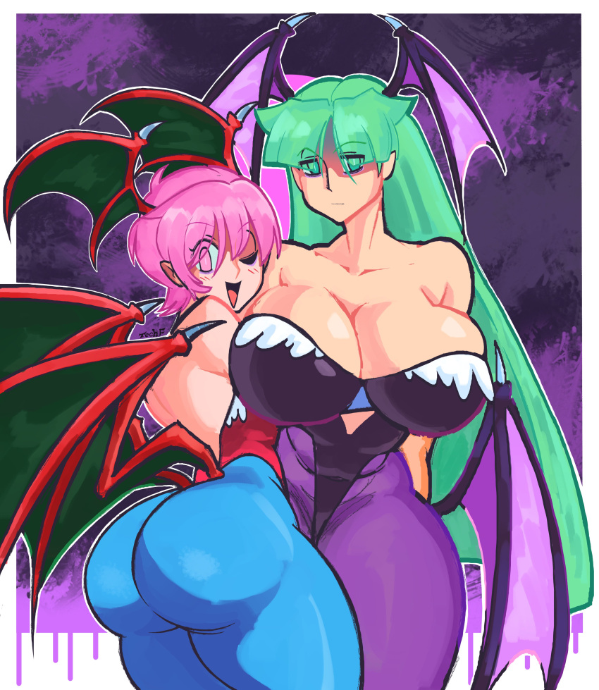 2girls ass ass_bigger_than_breasts ass_size_difference ass_vs_breasts big_ass bottom_heavy breast_size_difference breasts breasts_bigger_than_ass capcom clothing darkstalkers female green_eyes green_hair hugging large_ass large_breasts leotard lilith_aensland long_hair morrigan_aensland pink_eyes pink_hair short_hair sisters succubi succubus succubus_wings tecfuzz thick_thighs top_heavy vampire_savior wings