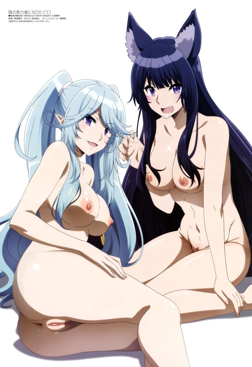 2girls abs animal_ears ass bikini black_hair blue_hair breasts cleavage clothing delta_(the_eminence_in_shadow) duo elf elf_female epsilon_(the_eminence_in_shadow) erect_nipples fake_breasts female high_resolution horny_female kage_no_jitsuryokusha_ni_naritakute! large_breasts large_filesize looking_at_viewer multiple_girls muscle noda_yasuyuki nude_filter oerba_yun_fang pointed_ears purple_eyes pussy simple_background slit_pupils swimsuit tail the_eminence_in_shadow thighs third-party_edit tied_hair twintails uncensored underboob very_high_resolution wet_pussy white_background wolf_humanoid