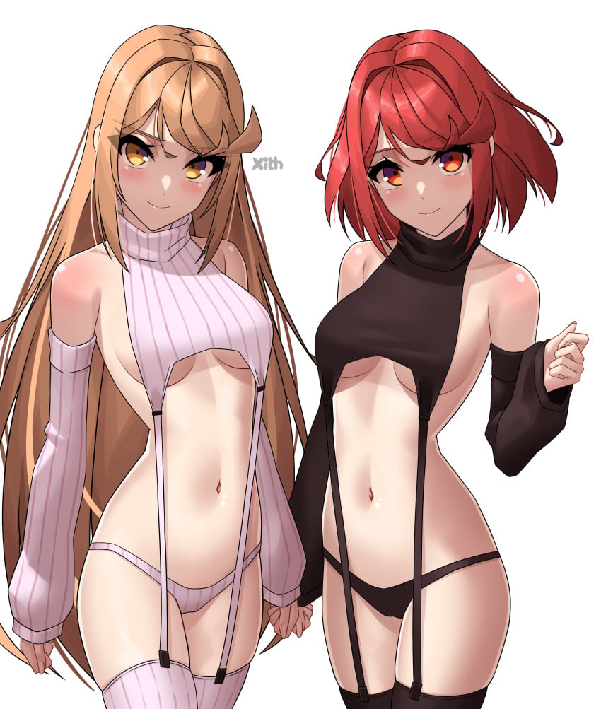 2girls alternate_costume breasts female female_only looking_at_viewer mythra nintendo pyra virgin_destroyer_sweater white_background x_xith_x xenoblade_(series) xenoblade_chronicles_2