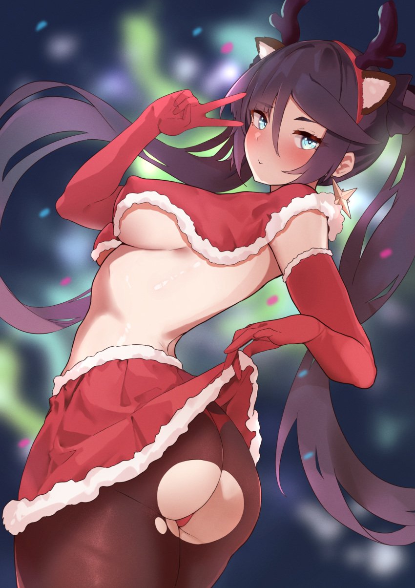 alternate_costume animal_ears antlers ass asymmetrical_bangs big_ass black_hair black_pantyhose blurry blurry_background breasts capelet christmas closed_mouth clothes_lift covered_nipples deer_ears earrings elbow_gloves fake_animal_ears fake_antlers female from_side genshin_impact gloves green_eyes hair_between_eyes highres holidays isetnation jewelry lifted_by_self long_hair looking_at_viewer looking_to_the_side medium_breasts mona_(genshin_impact) panties panties_under_pantyhose pantyhose red_capelet red_gloves red_panties red_skirt reindeer_antlers skirt skirt_lift smile solo solo_female star_(symbol) star_earrings torn_clothes torn_pantyhose twintails underboob underwear