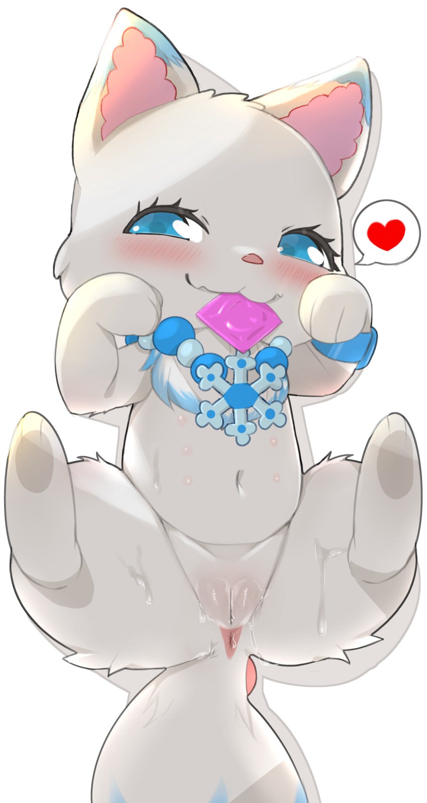 absurd_res anus arctic_fox bedroom_eyes blue_body blue_eyes blue_fur bodily_fluids canid canine condom condom_in_mouth female fox fur genitals heart_symbol hi_res jewelpet jewelry larimar_(jewelpet) looking_at_viewer mammal mouth_hold multi_nipple narrowed_eyes necklace nipples object_in_mouth presenting pussy pyu_ta08 sanrio seductive sega_fave sexual_barrier_device simple_background solo speech_bubble spread_legs spreading true_fox white_body white_fur