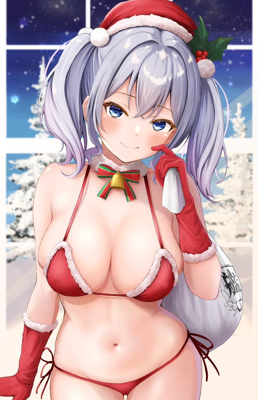 absurdres bare_shoulders bell bikini blue_eyes blush breasts ca_paria christmas christmas_outfit closed_mouth cowboy_shot detached_collar female female_only fur-trimmed_bikini fur-trimmed_gloves fur_trim gloves grey_hair hat highres holding holding_sack holidays kantai_collection kashima_(kantai_collection) large_breasts looking_at_viewer mistletoe navel neck_bell red_bikini red_gloves sack santa_hat side-tie_bikini_bottom smile solo solo_female stomach swimsuit twintails