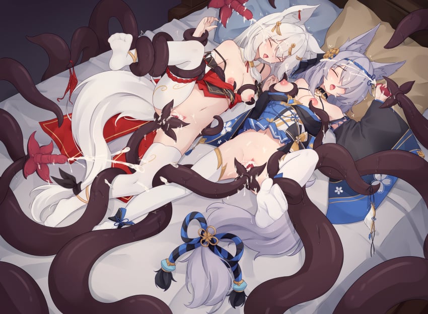 2girls animal_ear_fluff animal_ears bar_censor black_sleeves blue_dress breasts censored closed_eyes commentary commission cum cum_in_pussy cum_overflow detached_sleeves dress english_commentary facial fox_ears fox_girl grey_hair handjob highres large_breasts long_hair lying multiple_girls nipples no_shoes on_back on_bed open_mouth original panties pillow pussy red_dress sleep_molestation spread_legs tentacle tentacle_sex thighhighs trimbil underwear vaginal_penetration variant_set white_panties white_sleeves white_thighhighs