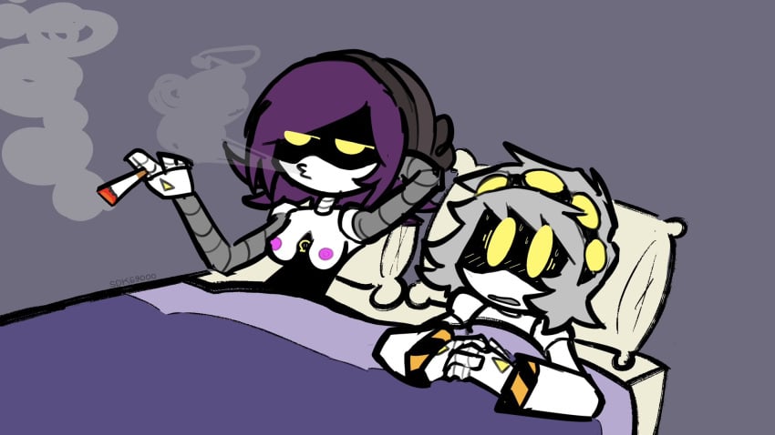 1boy 1boy1girl 1girls 2d after_sex bed canon_couple cigarette exposed_breasts female glitch_productions grey_hair humanoid i_love_when_people_draw_ships_like_this_actually_(meme) male male/female murder_drones n_(murder_drones) nipples pillow possession purple_hair robot robot_boy robot_girl robot_humanoid screen_face sdk69000 smoke smoking tagme uzi_(murder_drones)