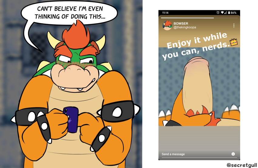 2021 anthro armband artist_name blush bowser bracelet cellphone electronics emoji english_text flaccid foreskin genitals green_shell hair holding_cellphone holding_object holding_own_penis holding_phone horn indoors jewelry koopa male male_only mario_(series) nintendo nude_photo orange_body orange_scales penis penis_shot phone phone_screen pubes red_hair red_pubes scales scalie secretgull shell solo solo_male speech_bubble spiked_armband spiked_bracelet spiked_shell spikes spikes_(anatomy) super_mario_bros. text twitter white_toe_claws