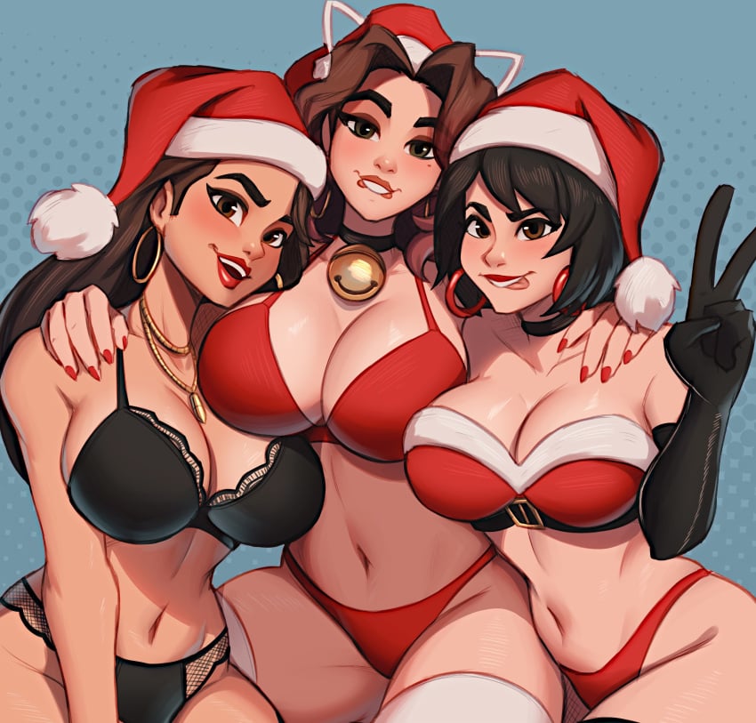 3girls alyssa_bandicoot_(oc) bell big_breasts black_hair bra breasts brown_hair christmas christmas_hat christmas_outfit cleavage evie_(fortnite) fortnite fortnite:_battle_royale jewelry magaska19 multiple_girls ruby_(fortnite) santa_hat thick_thighs uo winterfest