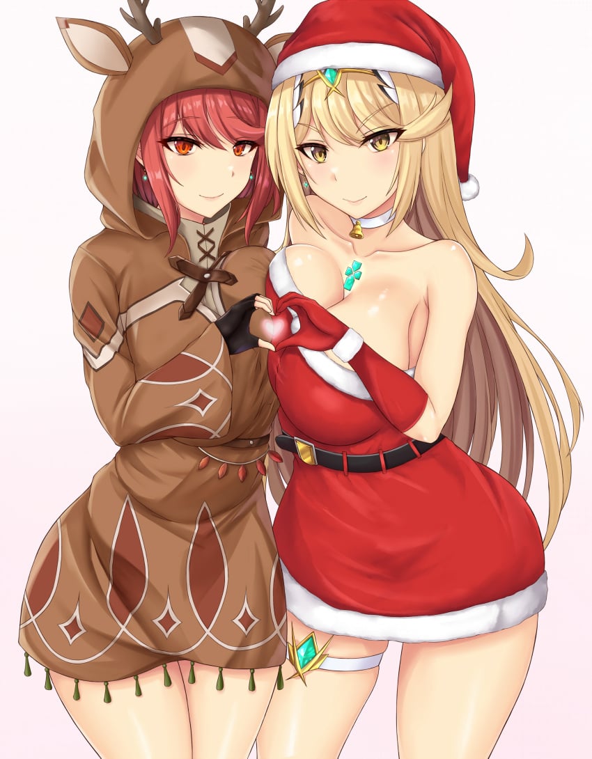 2girls absurdres animal_ears animal_hood antlers asymmetrical_docking belt black_belt black_gloves blonde_hair breast_press breasts chest_jewel christmas closed_mouth commentary_request core_crystal_(xenoblade) deer_ears dress drop_earrings earrings elbow_gloves fake_animal_ears fake_antlers fingerless_gloves fur-trimmed_dress fur-trimmed_headwear fur_trim gloves hat heart heart_hands heart_hands_duo highres holidays hood jewelry large_breasts long_hair looking_at_viewer multiple_girls mythra mythra_(xenoblade) pyra pyra_(xenoblade) red_dress red_eyes red_gloves red_hair red_headwear reindeer_antlers santa_costume santa_dress santa_hat short_hair simple_background smile swept_bangs thigh_strap xenoblade_chronicles_(series) xenoblade_chronicles_2 yellow_eyes zatma0041