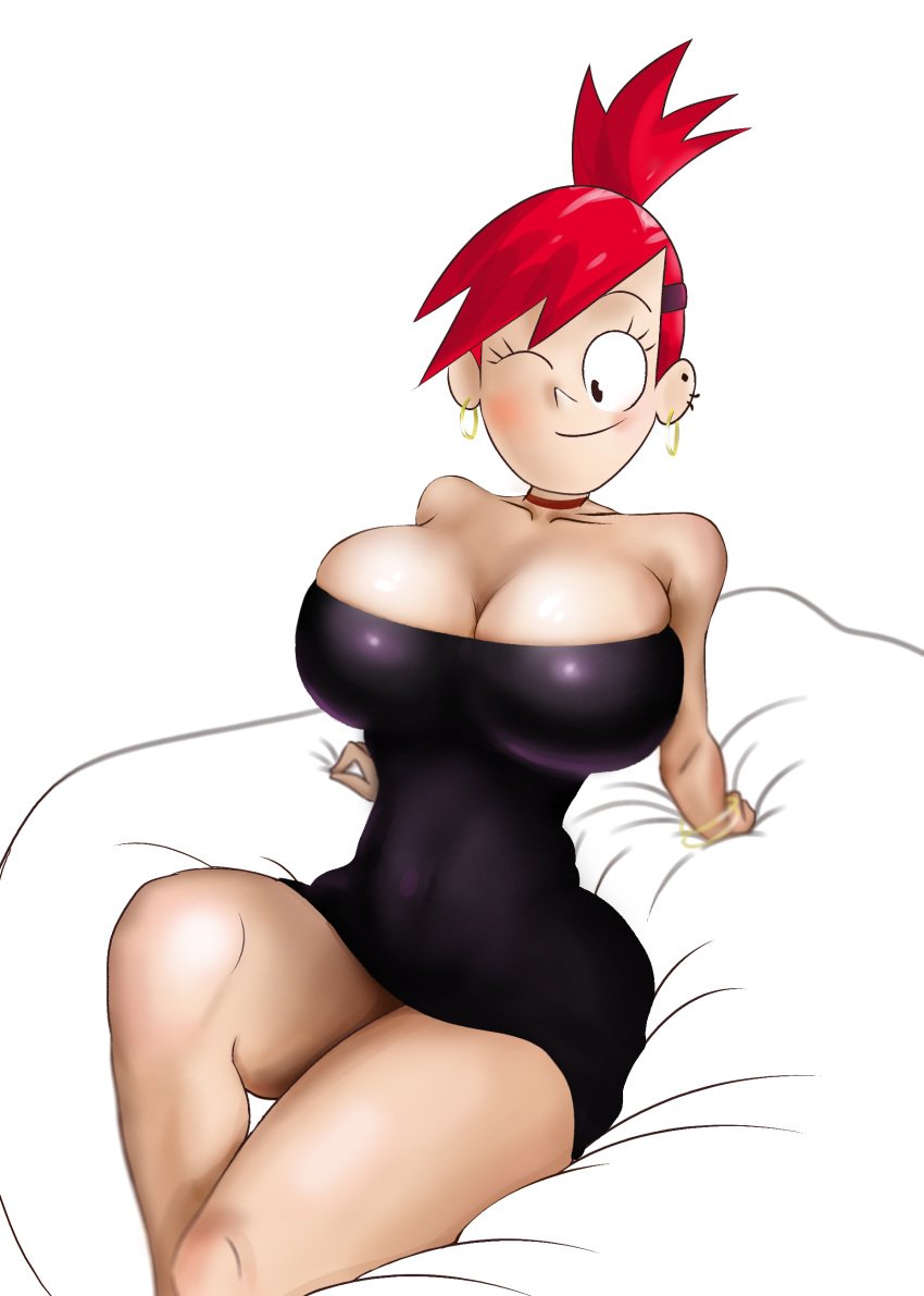 1girls bed big_breasts black_dress busty cartoon_network ear_piercing earrings eyebrows female female_focus female_only foster's_home_for_imaginary_friends frankie_foster phil123 ponytail red_hair solo solo_focus wide_hips