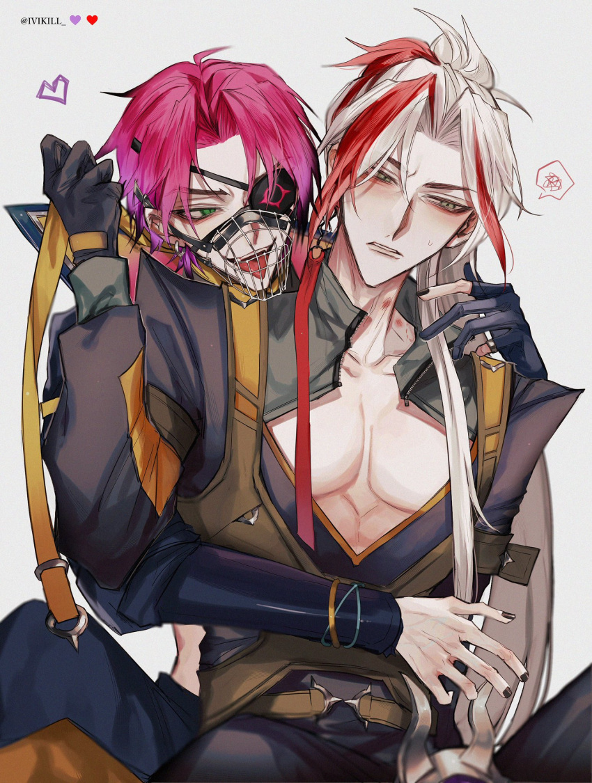 bite_mark chest clothed clothing dominant domination gay heartsteel_kayn heartsteel_series heartsteel_yone kayn league_of_legends leash leash_and_collar leash_pull long_hair male male/male muzzle_(object) open_clothes pecs pectorals pink_hair red_hair tongue tongue_out white_background yaoi yone