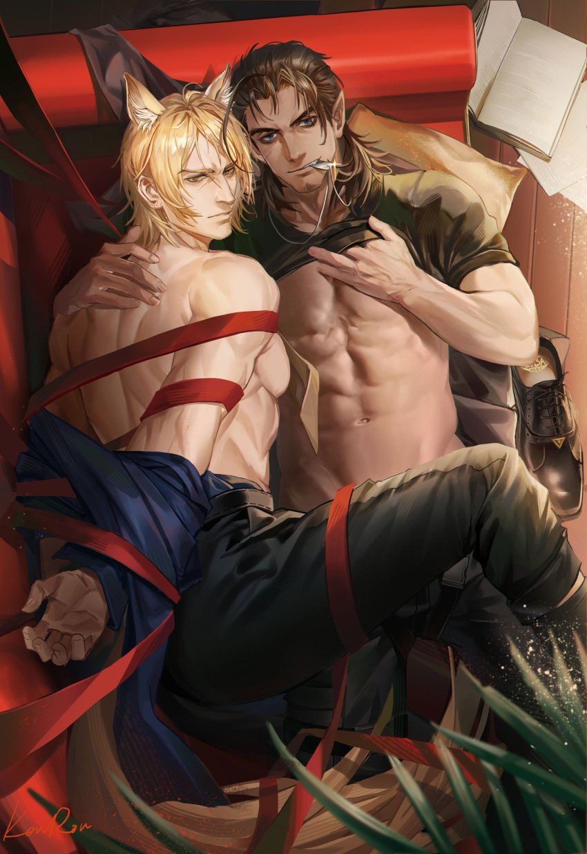 2023 2boys abs animal_ears anjingkuxiao arknights bara black_footwear black_pants black_shirt blue_shirt book bound clothes_lift couch hi_res horse_boy horse_ears horse_tail jewelry looking_at_viewer lying male_focus mlynar_(arknights) multiple_boys muscular muscular_male necklace on_back on_couch on_side open_book pants partially_undressed pectorals pointy_ears red_ribbon ribbon shirt shirt_lift tail toland_(arknights)