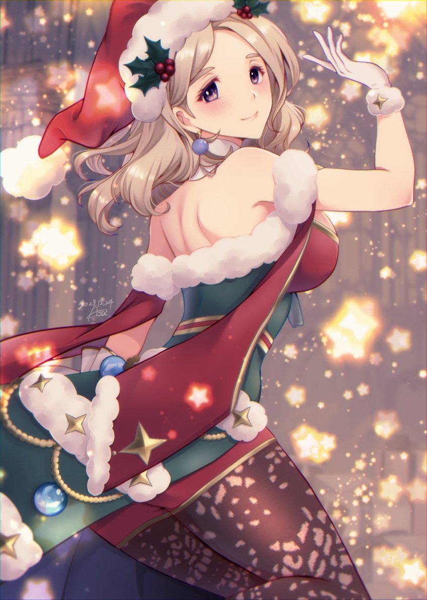 1girls alternate_costume alternate_hairstyle asa_(asakisafe1) ass back back_view backless_outfit bare_back big_ass blonde_hair blue_eyes breasts byleth_(fire_emblem)_(female)_(cosplay) christmas cosplay earrings female female_only fire_emblem fire_emblem:_three_houses fire_emblem_heroes fire_emblem_warriors:_three_hopes gloves hat leggings looking_at_viewer looking_back medium_breasts medium_hair mercedes_von_martritz nintendo official_alternate_hairstyle pantyhose santa_hat shorts smile solo