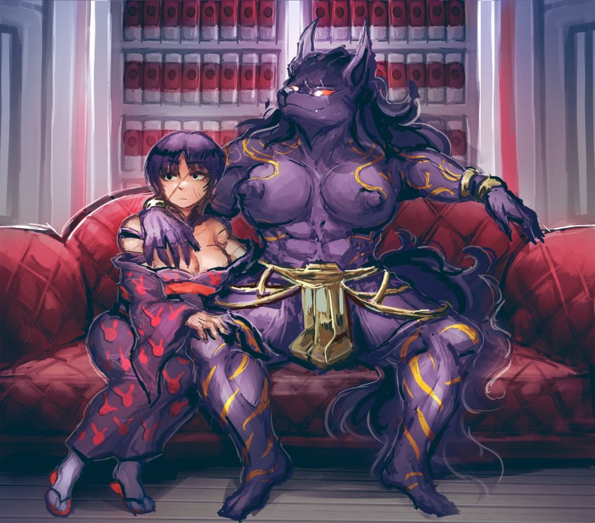 arm_around_shoulders big_breasts cleavage furry huge_breasts kekekeke kimono library_of_ruina loincloth project_moon scars tanya_(library_of_ruina) tattoo topless wolf wolf_girl yujin_(library_of_ruina)