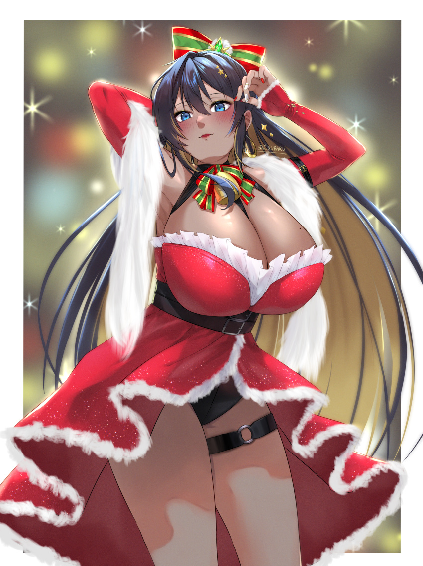 1girls absurd_res artist_name bell belt black_hair black_shorts blue_eyes breasts christmas christmas_outfit cleavage dark-skinned_female detached_sleeves dress earrings eyebrows_visible_through_hair female female_only fujisaki_subaru fur_scarf goddess_of_victory:_nikke huge_breasts long_hair looking_at_viewer minishorts mole mole_on_breast nails noise_(nikke) painted_nails ribbon ribbons santa_costume scarf shorts thigh_belt thighs two_tone_hair